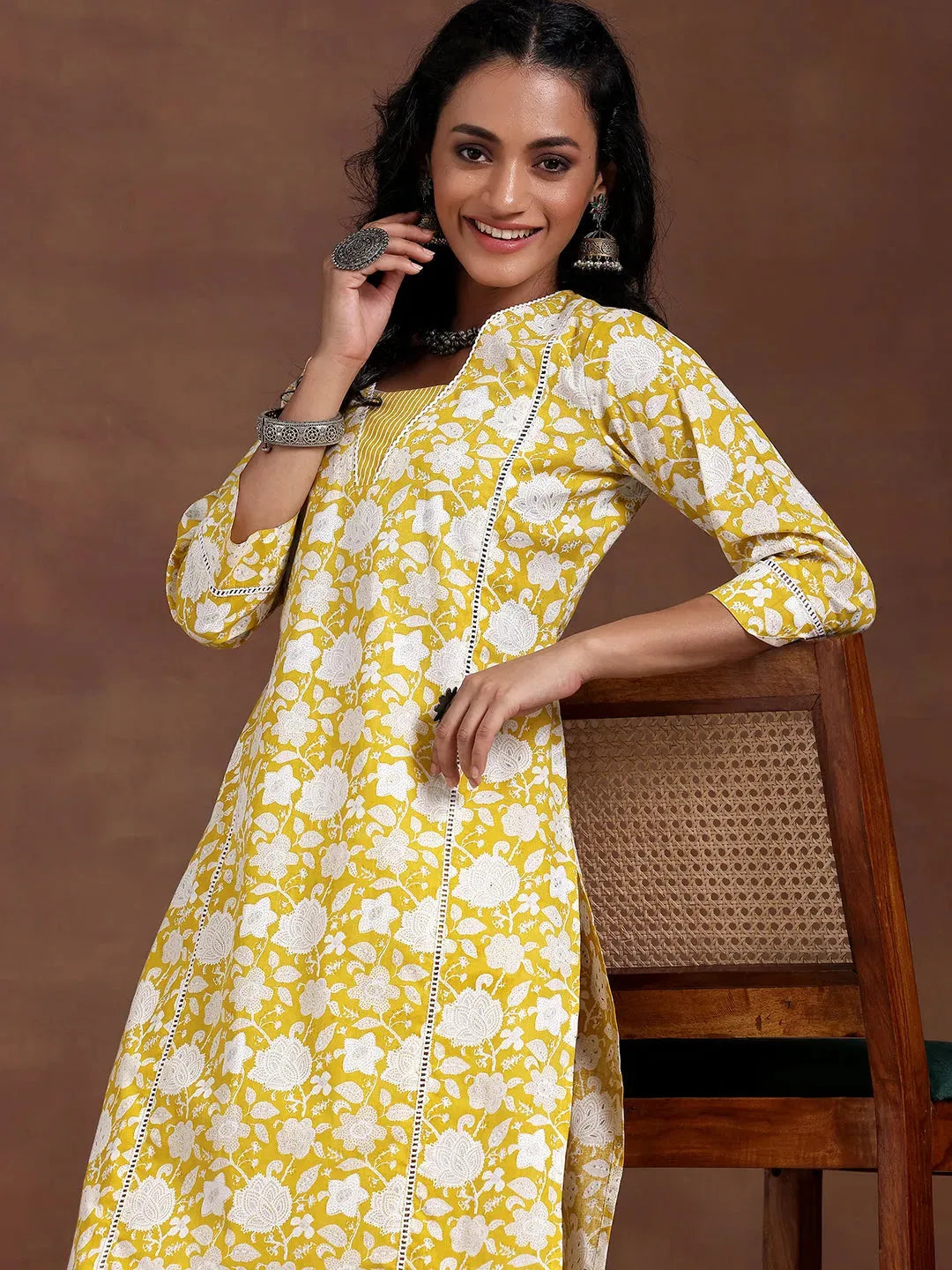 Anouk Yellow Printed Cotton Straight Kurta Set