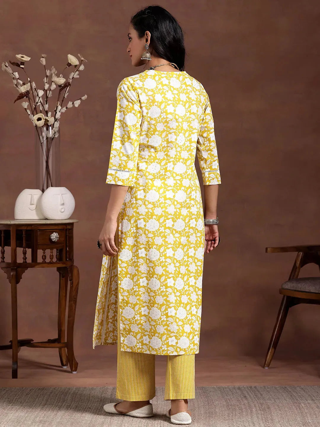 Anouk Yellow Printed Cotton Straight Kurta Set