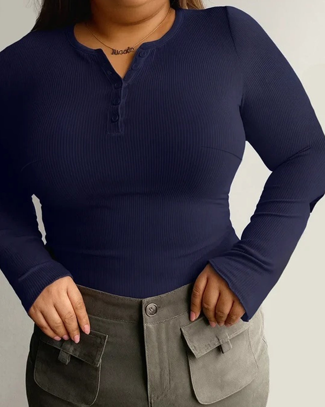 Navy Blue Ribbed Long Sleeve Henley Top Curve & Plus