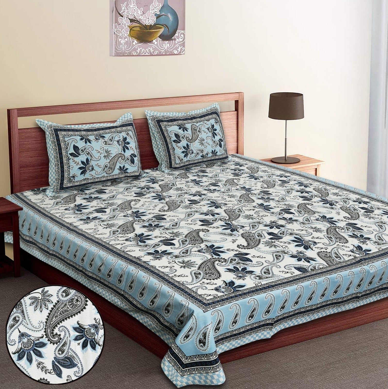 King-Size Cotton Bedsheet Set with Pillow Covers