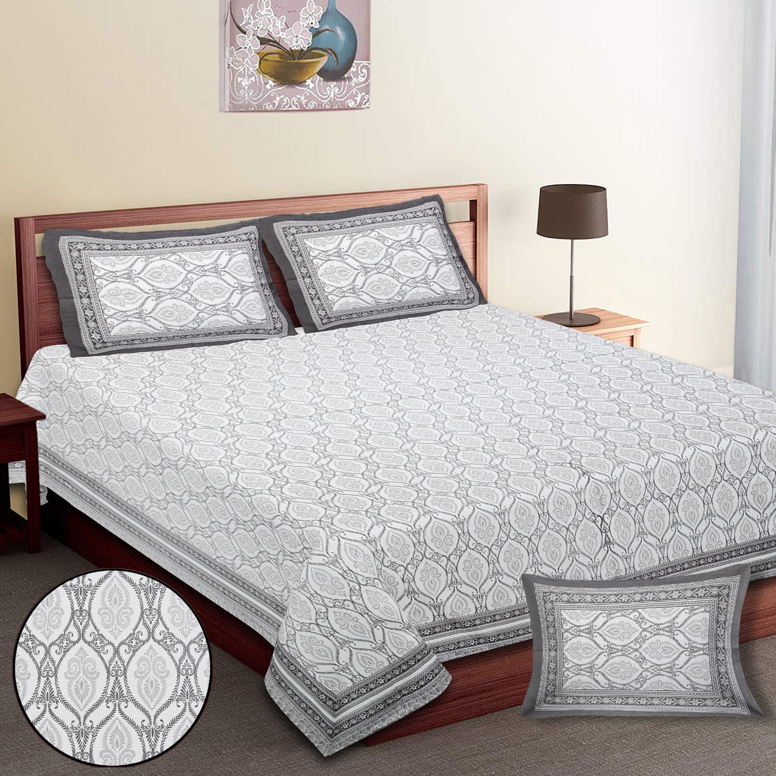 King-Size Bed Sheet Set with 2 Pillow Covers (Cotton Autoloom Fabric)