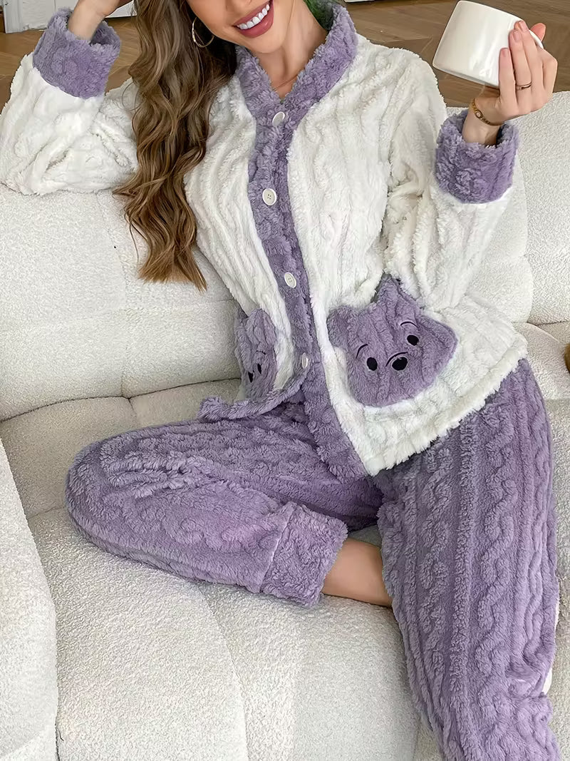 Pack Of 2 Women’s Winter Loungewear Set – Bear Embroidery, Soft And Comfortable