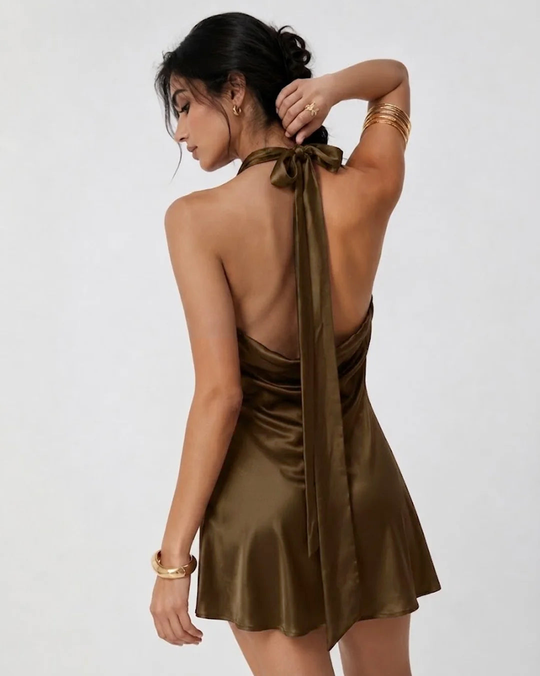 Cowl Neck Draped Mini Dress in Chocolate Brown