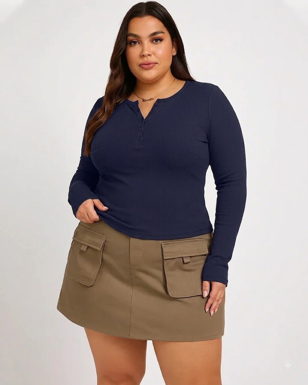 Navy Blue Ribbed Long Sleeve Henley Top Curve & Plus