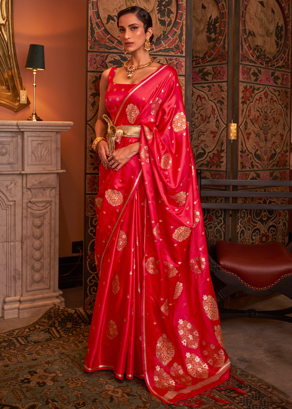 Tart Red Copper Zari Woven Satin Silk Saree