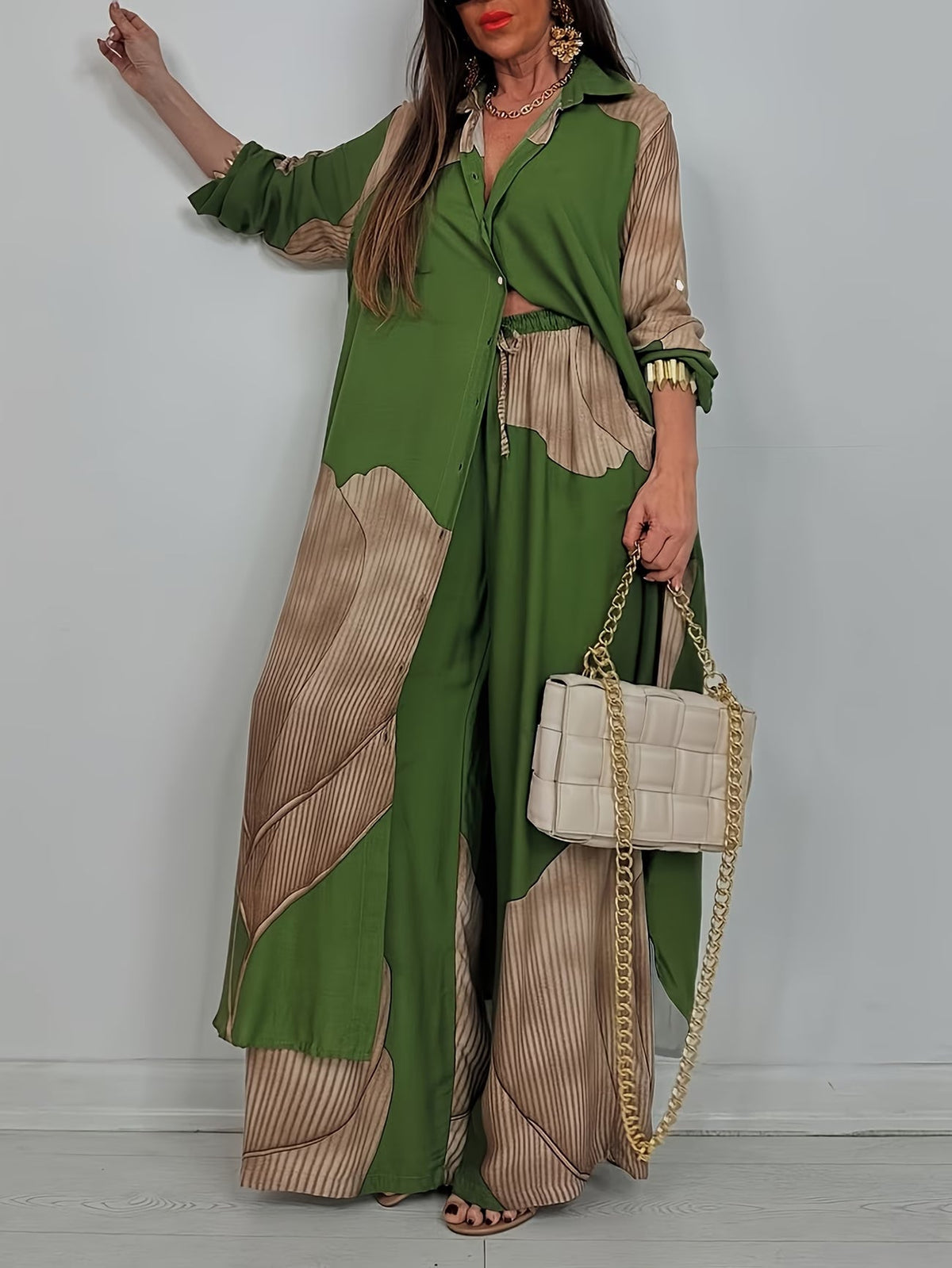 Women's Printed Long Shirt & Relaxed Pants Two-Piece Set