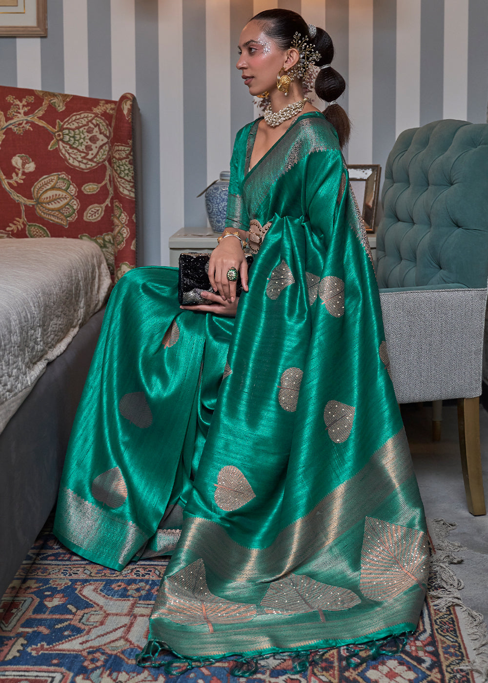 Jade Green Copper Zari Woven Silk Saree with Sequence work