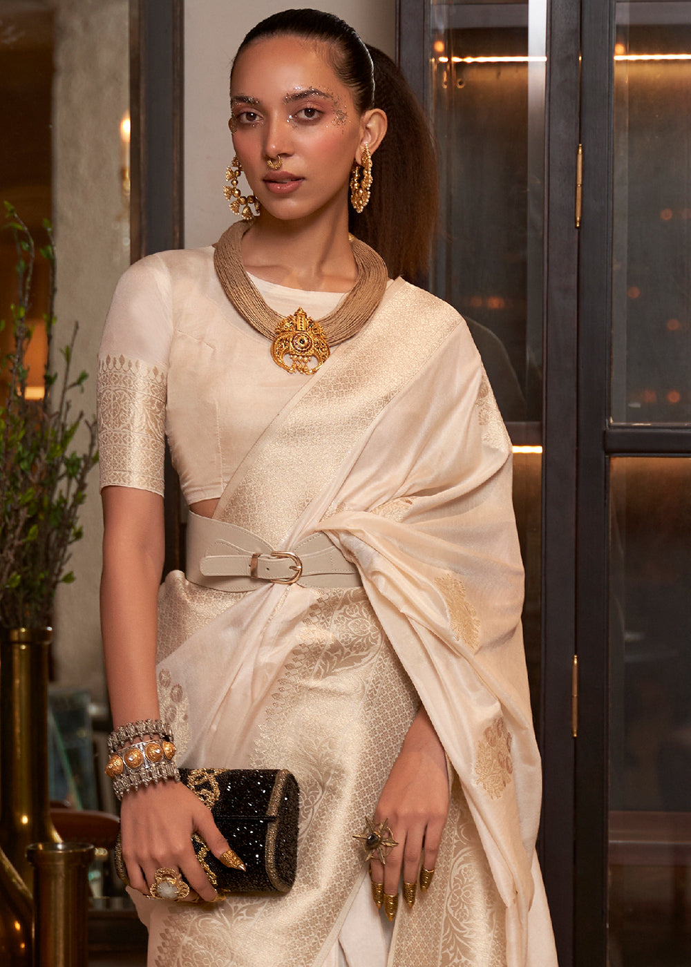 Ivory White Woven Khaddi Georgette Silk Saree