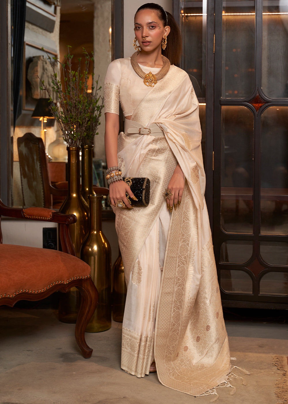 Ivory White Woven Khaddi Georgette Silk Saree