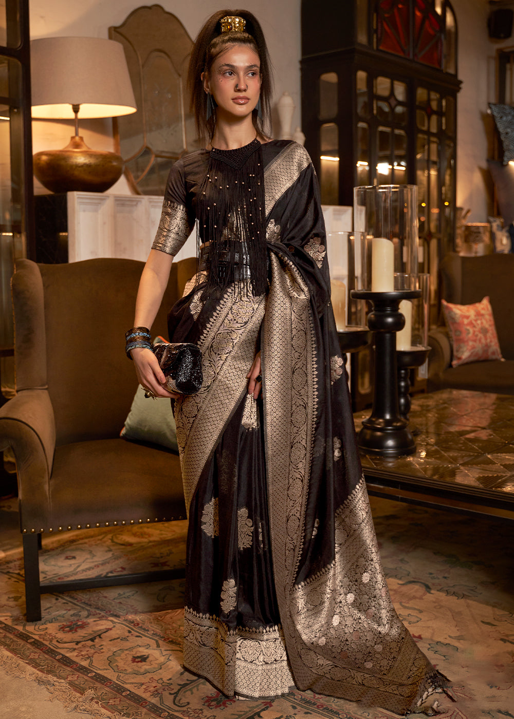 Raven Black Woven Khaddi Georgette Silk Saree