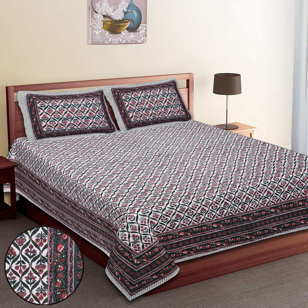 King-Size Cotton Bedsheet Set with Pillow Covers
