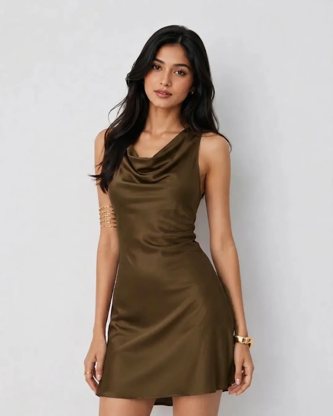 Cowl Neck Draped Mini Dress in Chocolate Brown