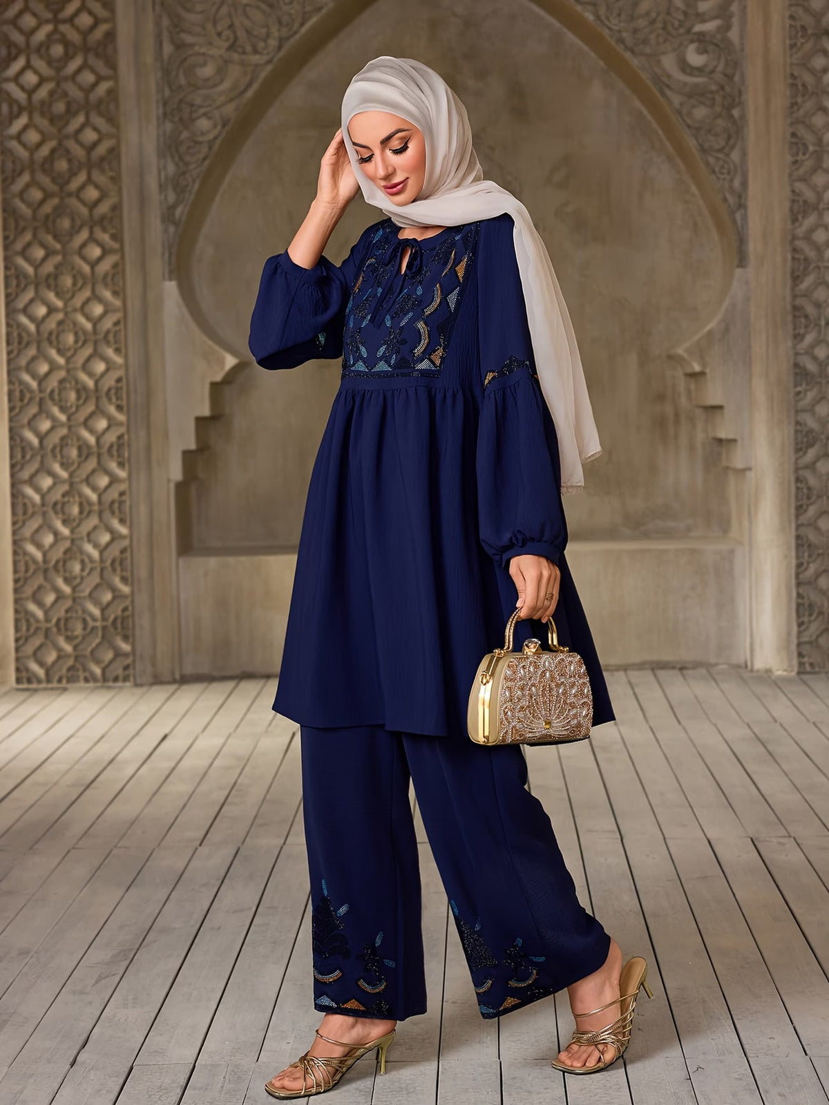 Women's Elegant Rhinestone Detail Long Sleeve Top & Wide-Leg Pants Set