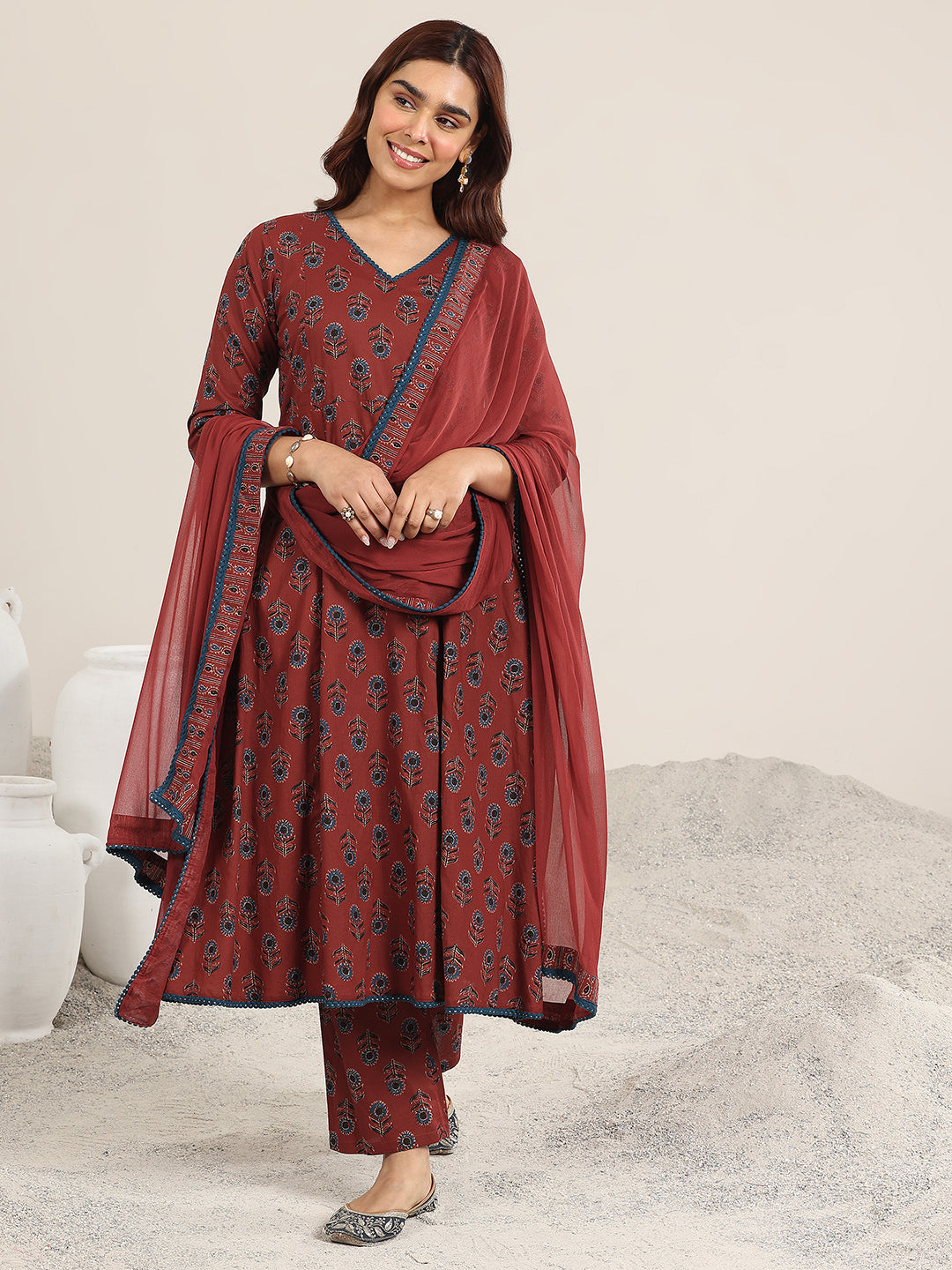 Anouk Maroon Printed Cotton A-Line Suit With Dupatta