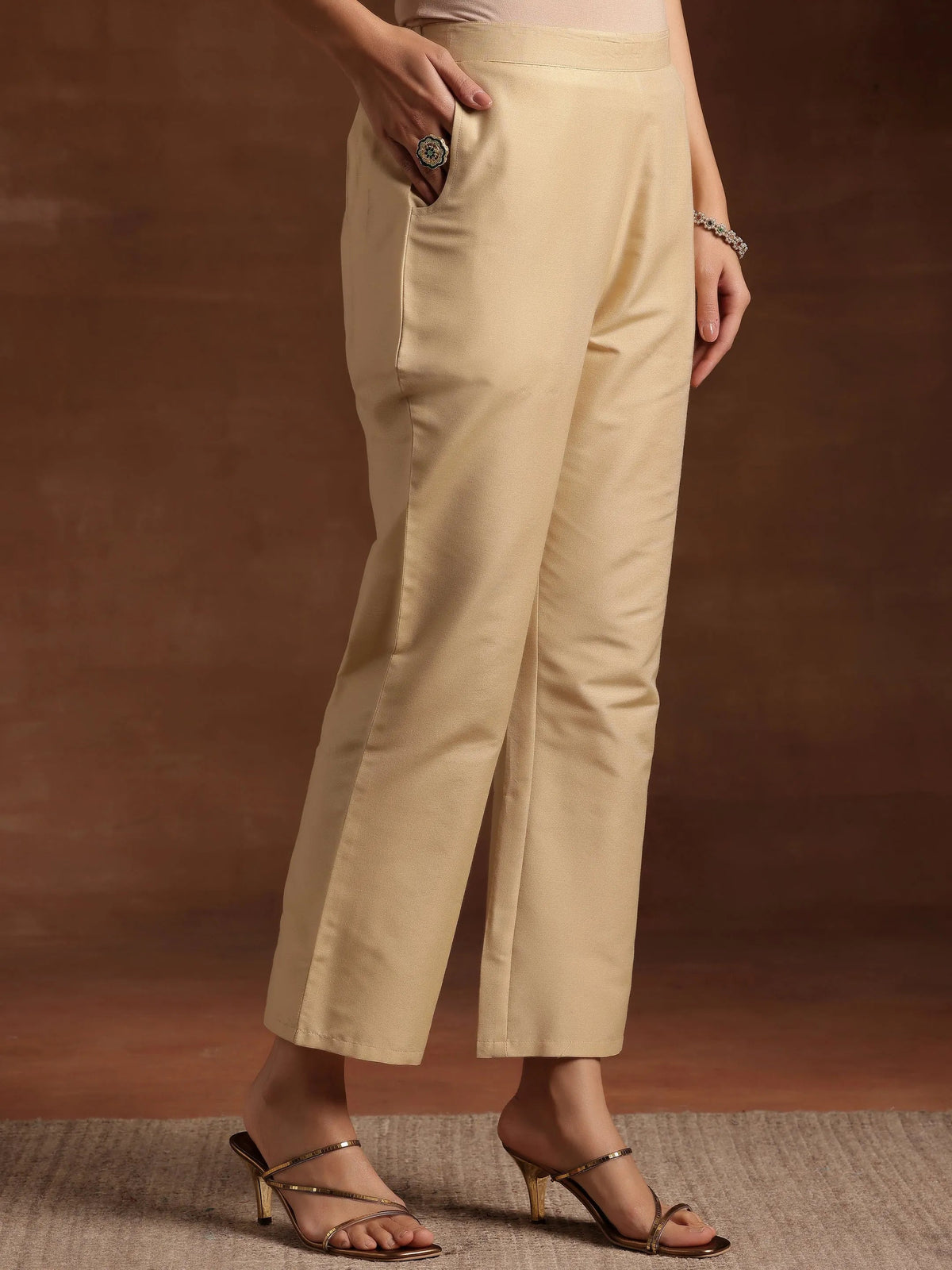 Anouk Beige Solid Silk Trousers