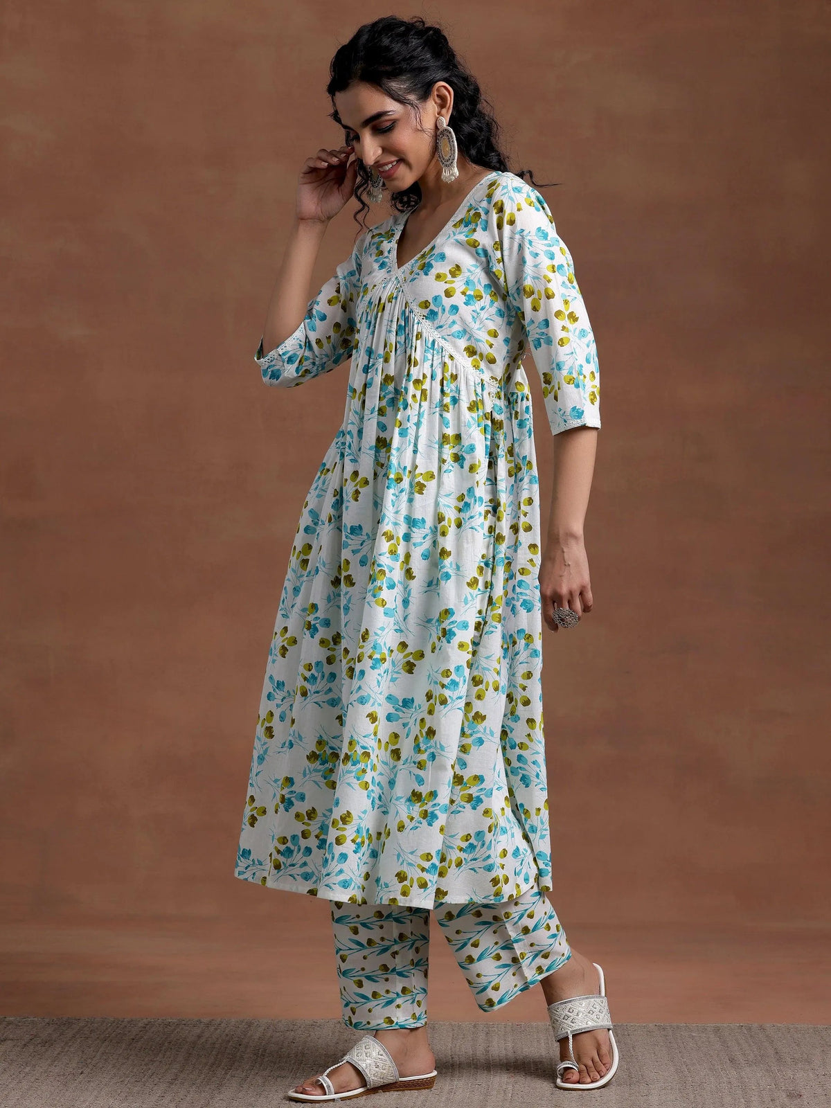 Anouk Off White Printed Cotton A-Line Kurta With Palazzos & Dupatta