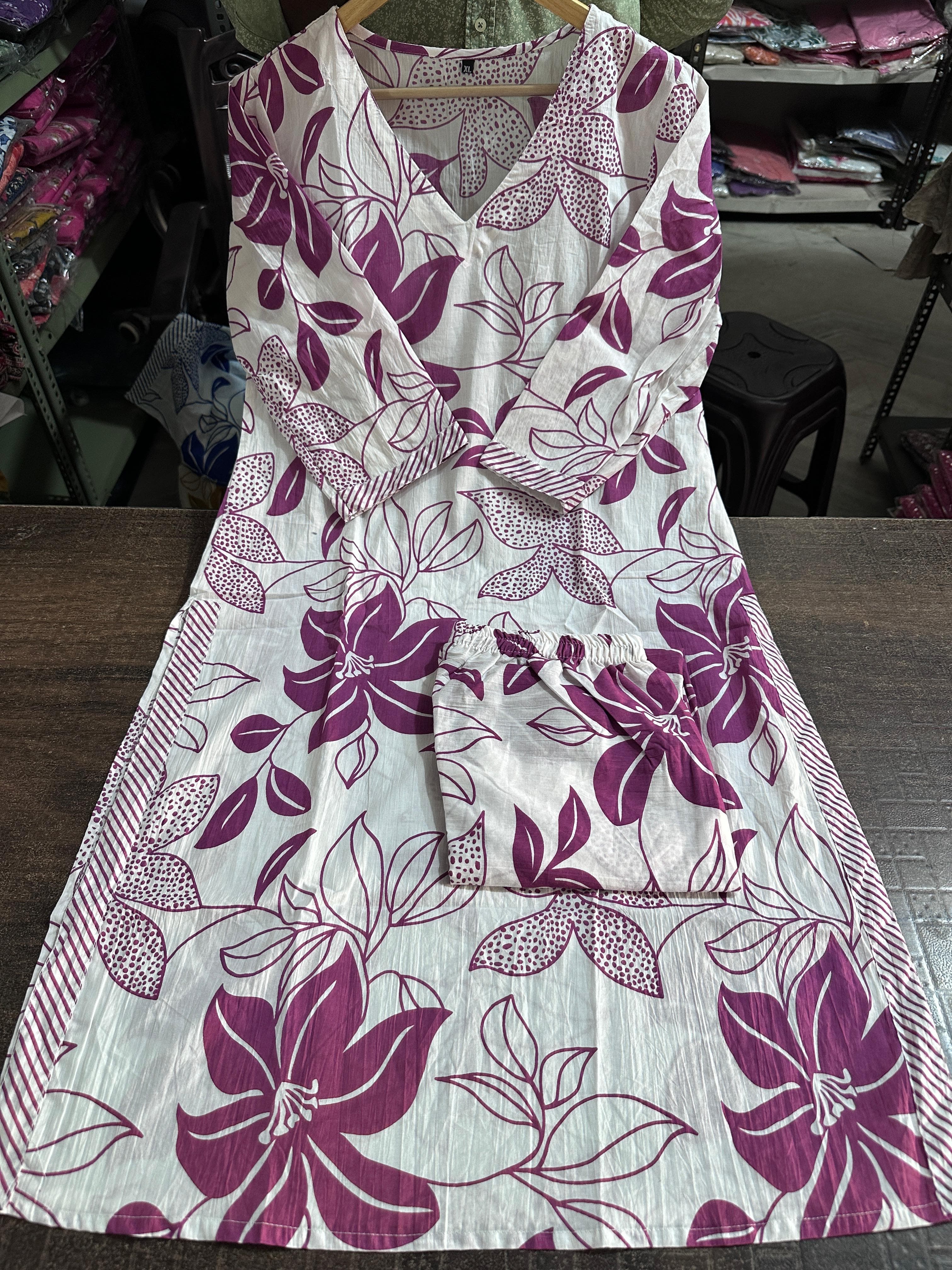 Floral Cotton Kurta Pant Palazzo Set | 60*60 Cotton, 46" Kurta, 37" Pant