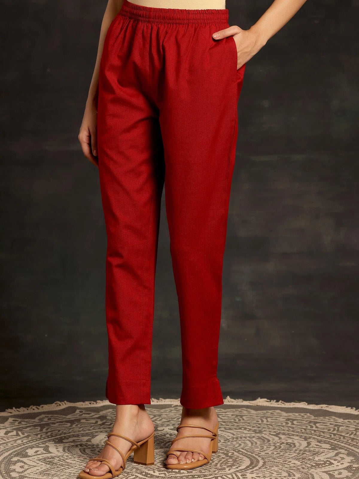 Anouk Maroon Solid Cotton Straight Fit Trousers