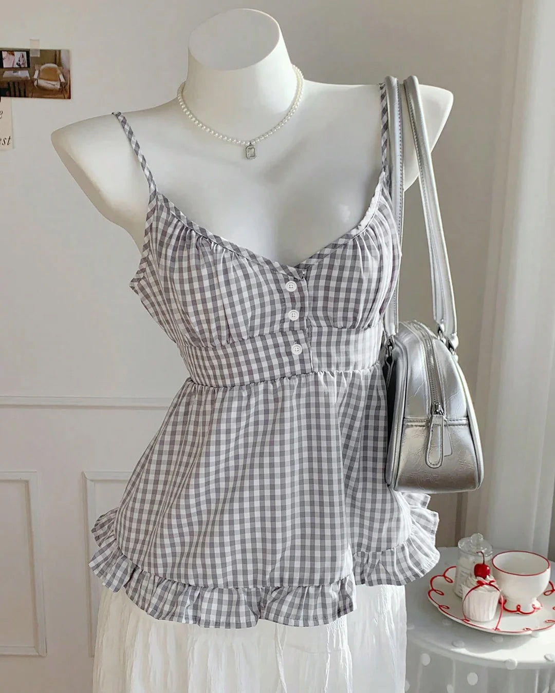 Ruffle Hem Gingham Cami Top in Ash Grey