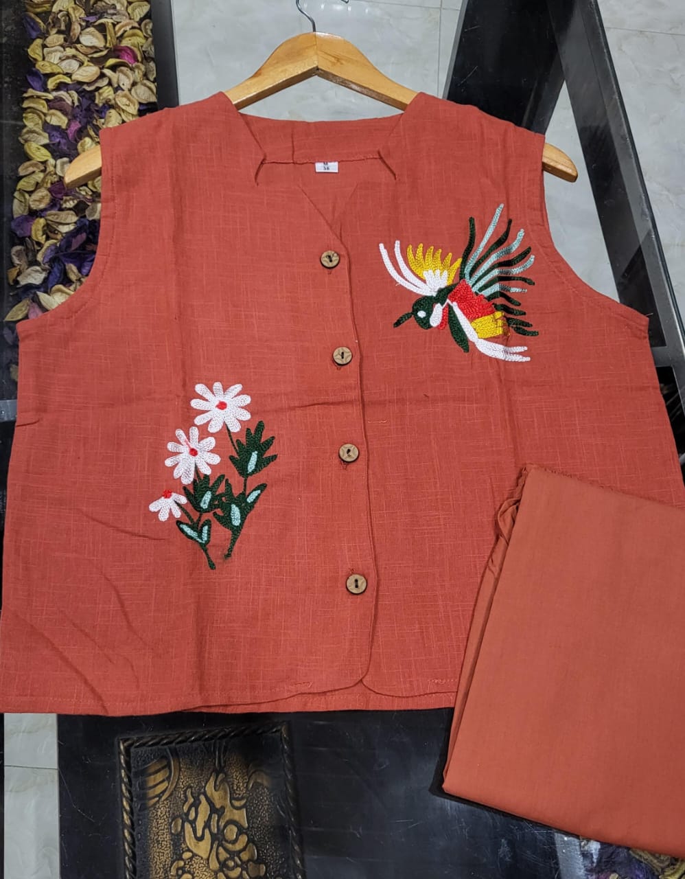 Cotton Slub Aari Work Co-Ord Set – Bird & Floral Embroidery