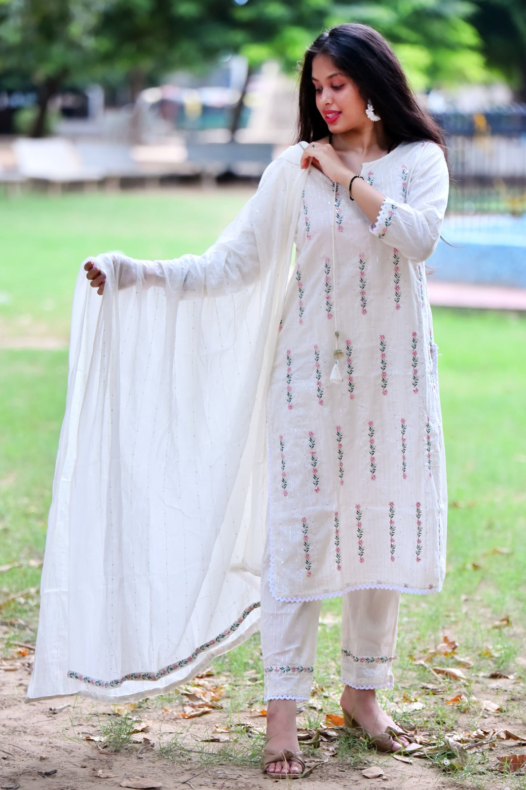 Cotton Lurex Kurti with Embroidery, Pant, and Nazmin Dupatta Set