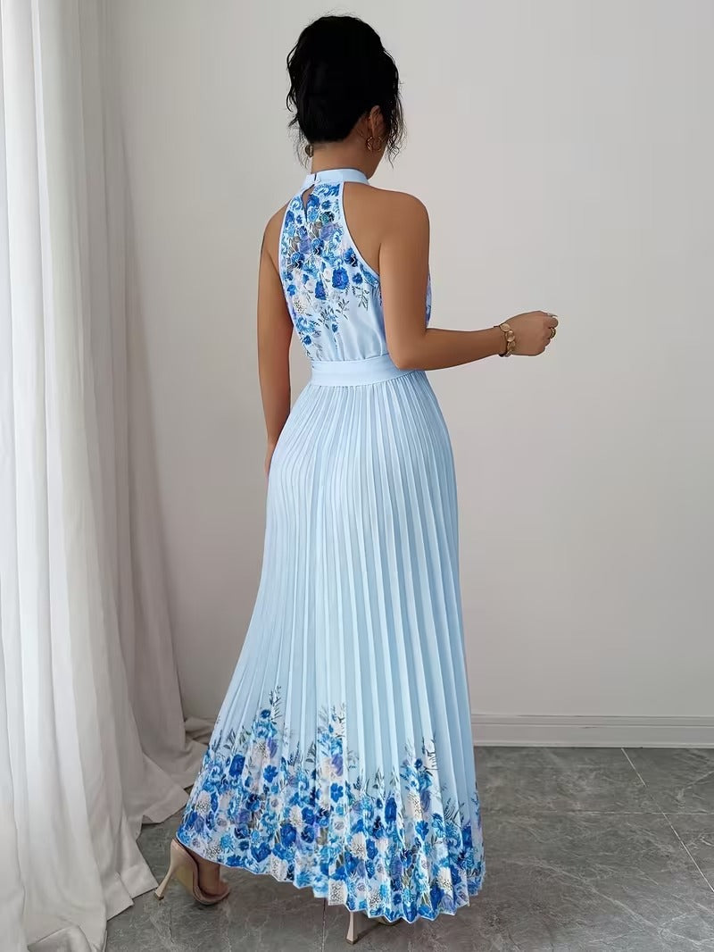 Elegant Floral Halter Neck Pleated Dress – Stylish & Comfortable Summer Outfit for Women