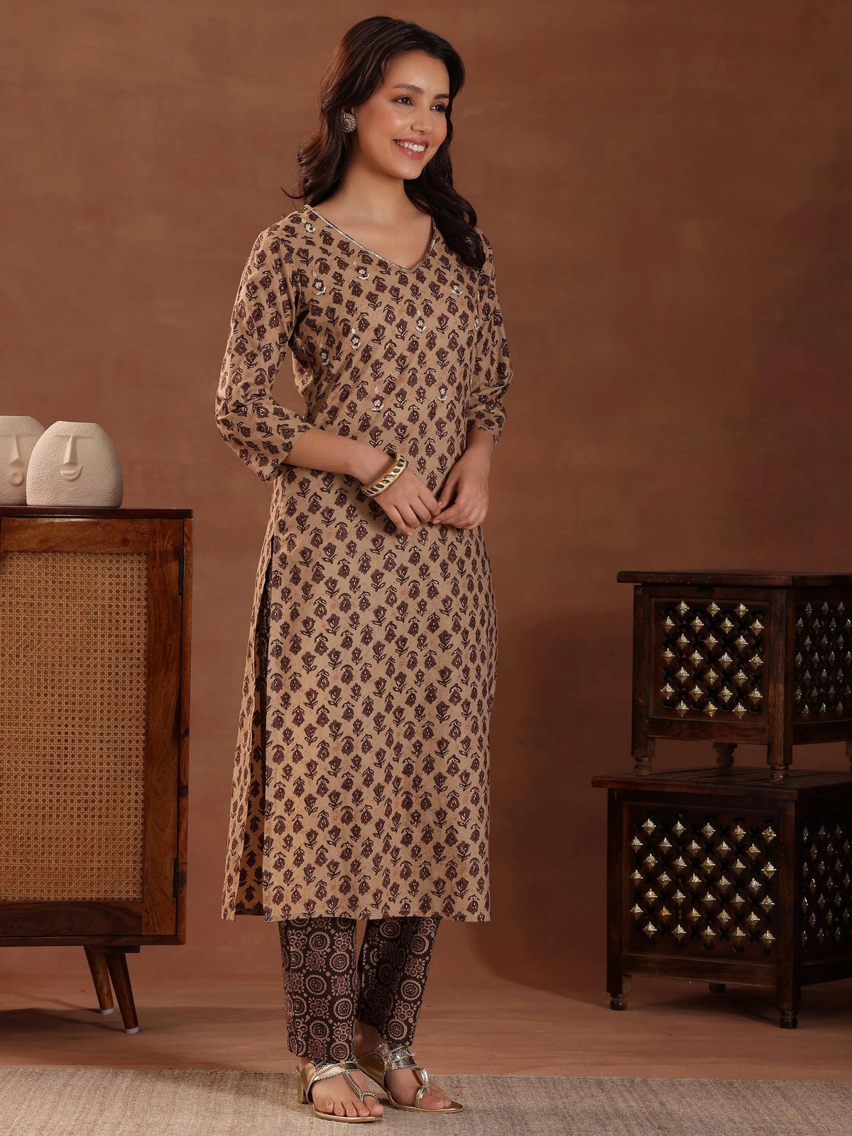 Anouk Brown Printed Cotton Straight Suit With Dupatta