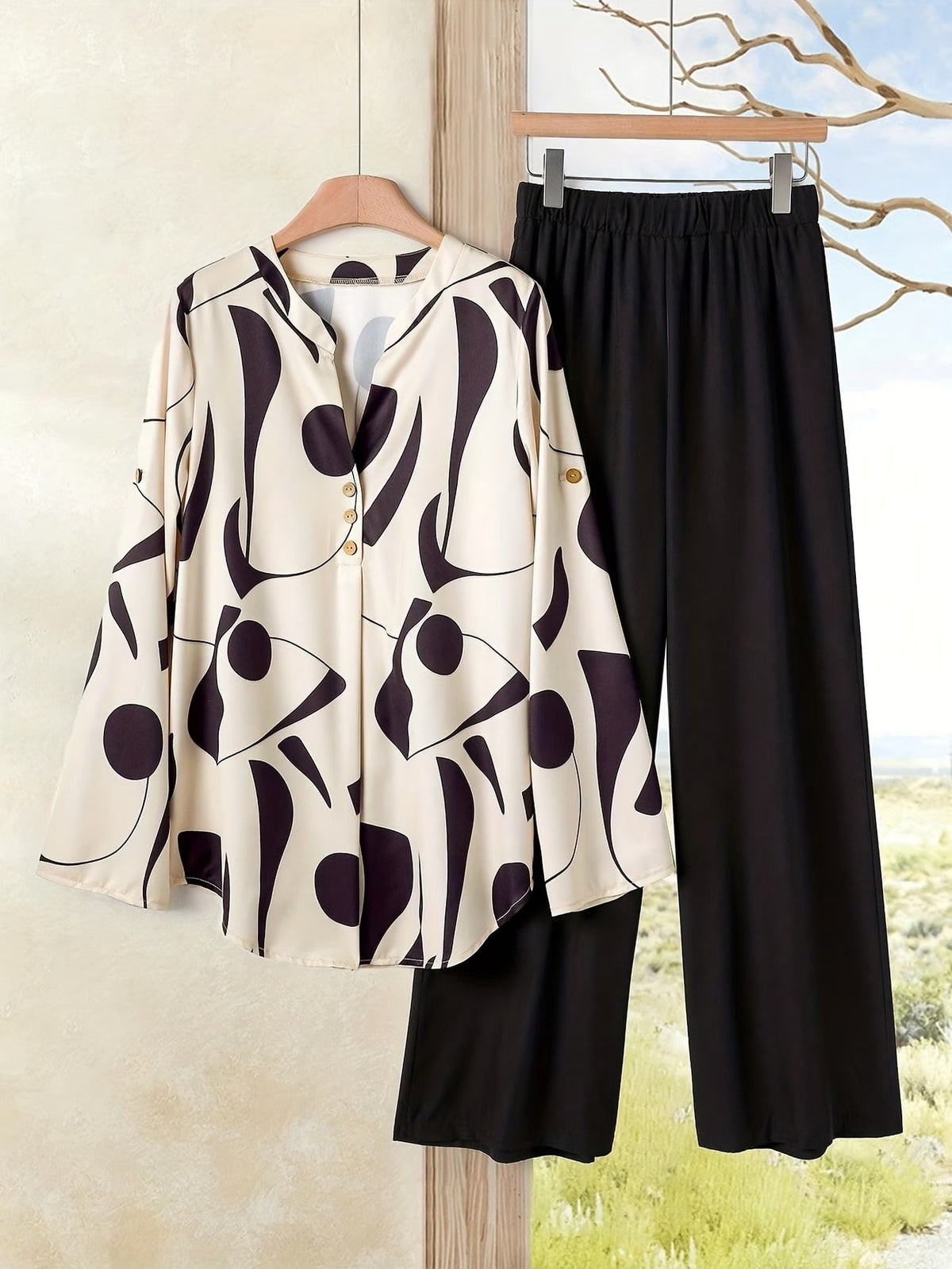 Women’s Floral Long-Sleeve Shirt with Printed Pants – Stylish Two-Piece Everyday Outfit (With Tie & Button Details)