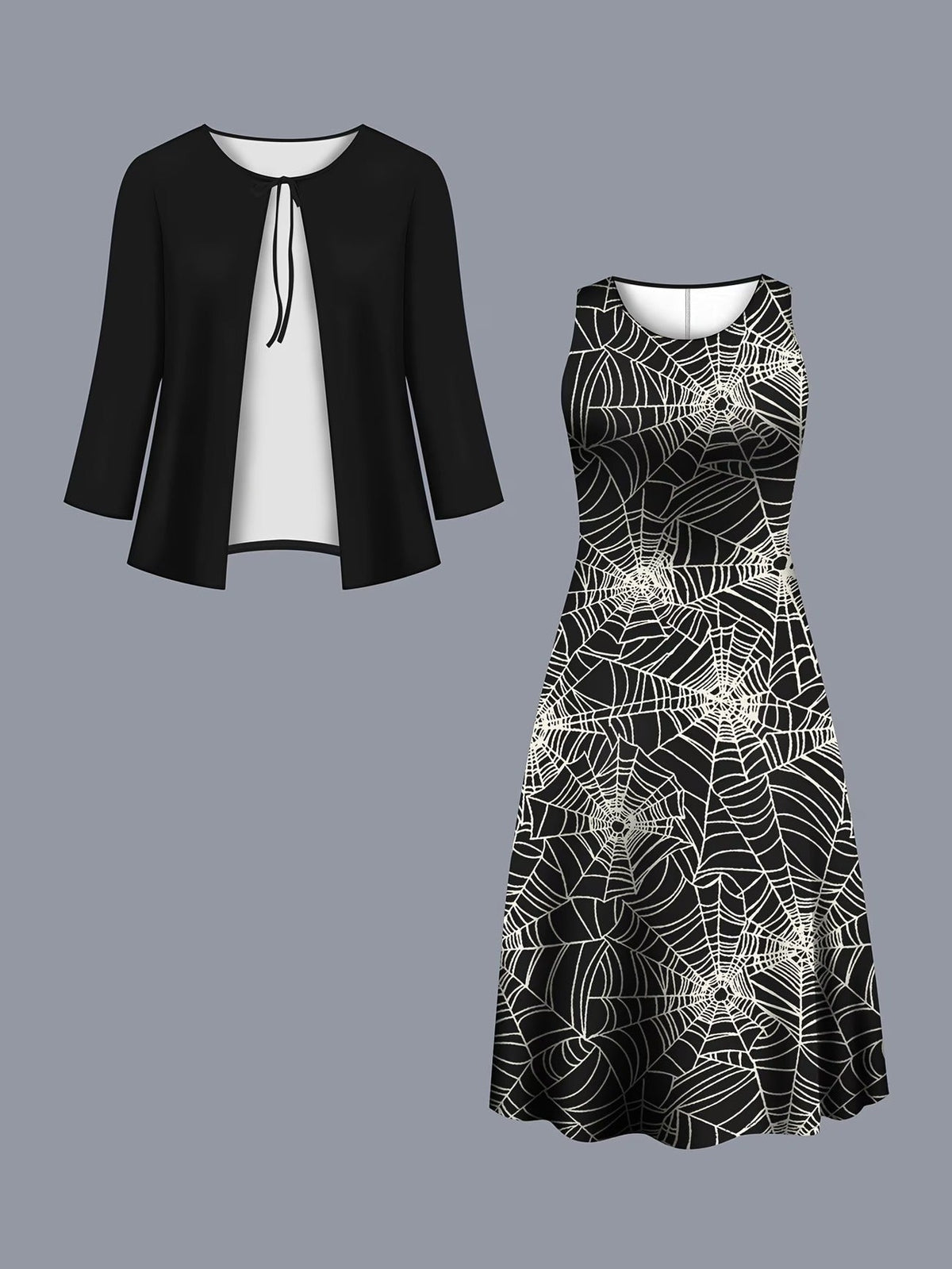 Elegant Layered Two-Piece Midi Dress Set with Tie-Front Cardigan – Flowy Printed Everyday & Occasion Wear