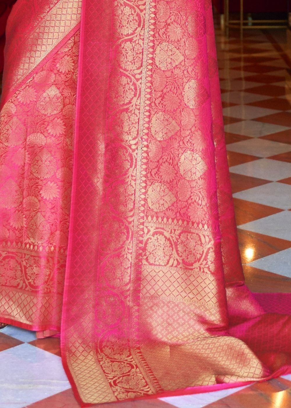 Hot Pink and Golden Blend Woven Kanjivaram Soft Silk Saree