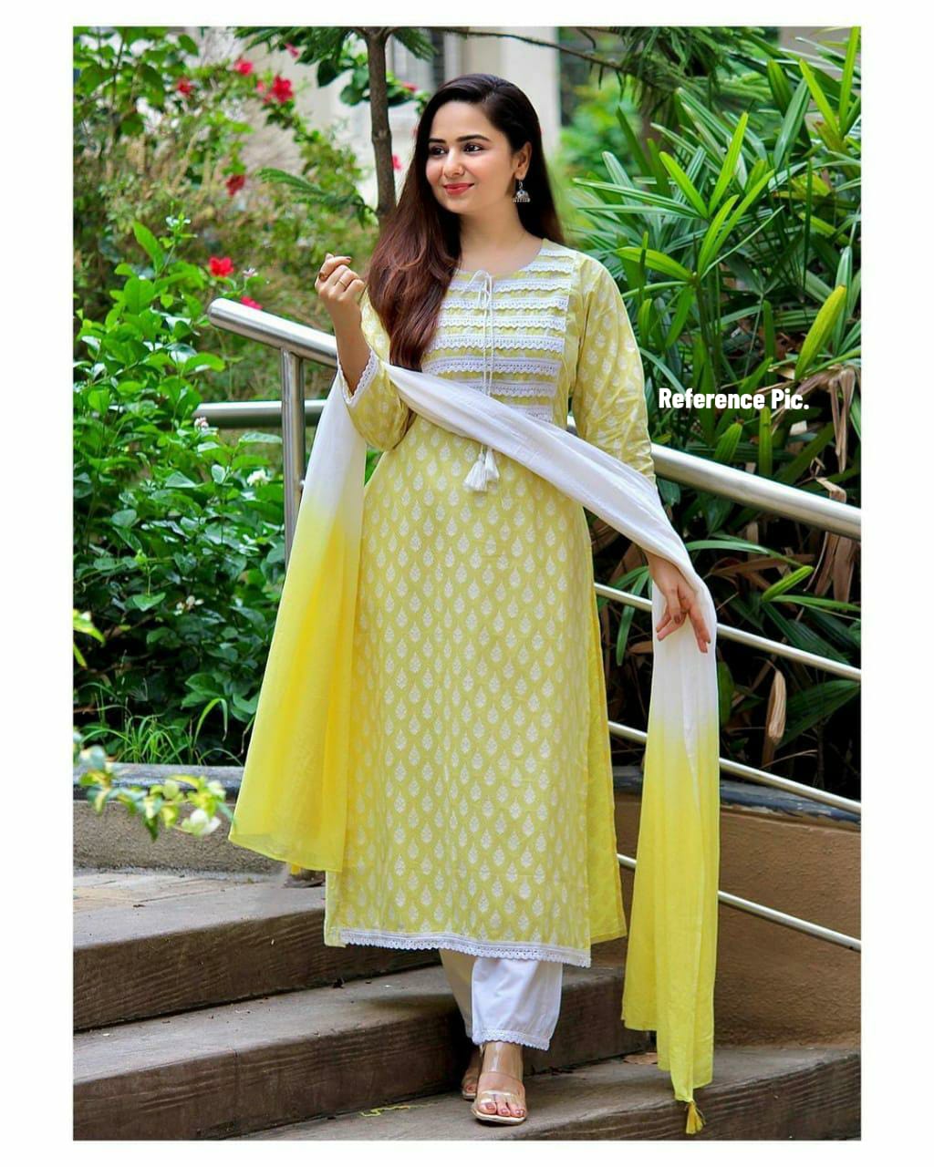 Rayon Print and Lace Work Kurti Set with Pant and Dupatta