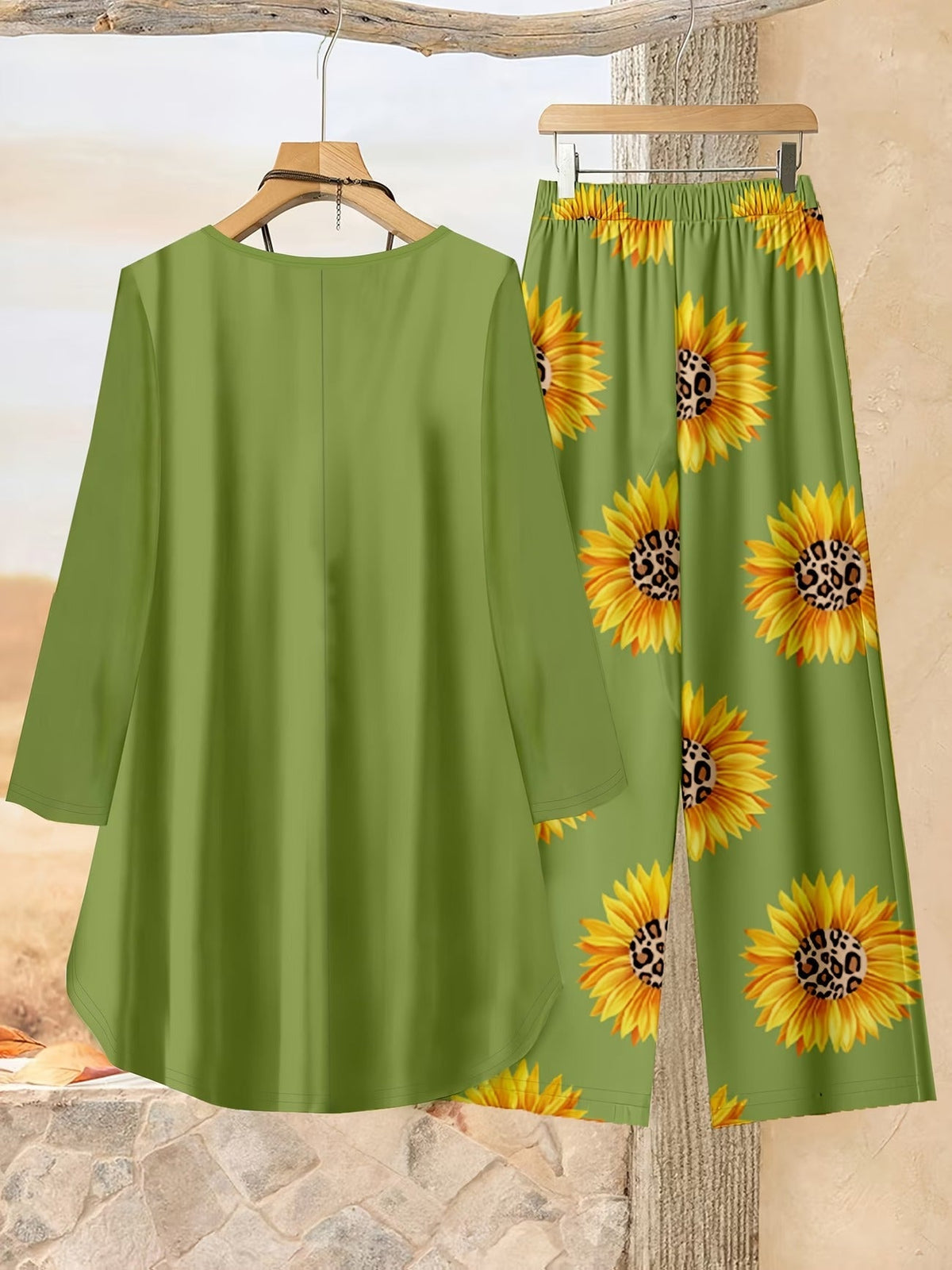 Loose Fit Irregular Print High-Low Hem Top with Solid Pants – Women’s Casual Two-Piece Outfit