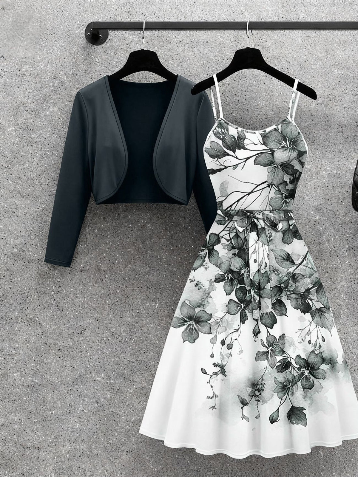 Elegant Floral Tie Dress with Solid Color Cardigan – Stylish Two-Piece Women’s Set