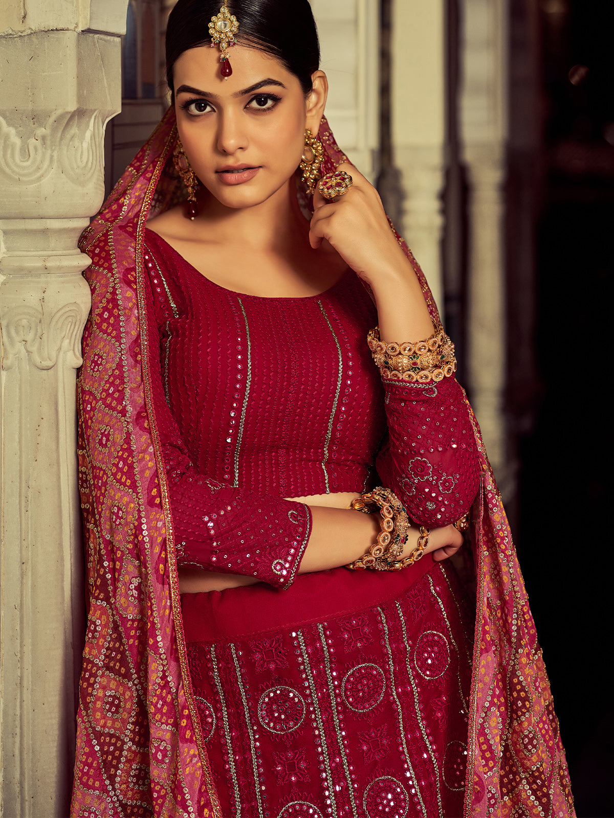 Embroidered  Pink Georgette Semi Stitched Lehenga With Blouse Piece