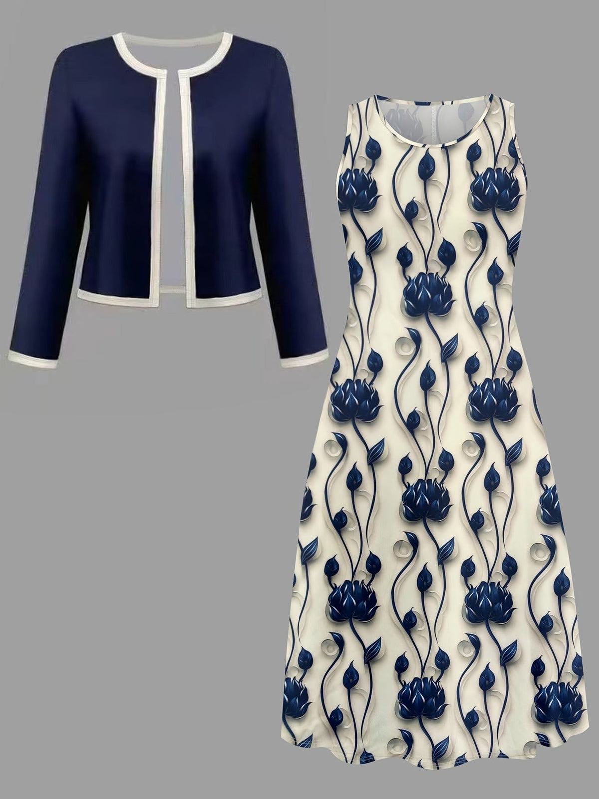 Elegant Solid Color Cardigan with Printed Flared Skirt – Stylish Two-Piece Women’s Fashion Set
