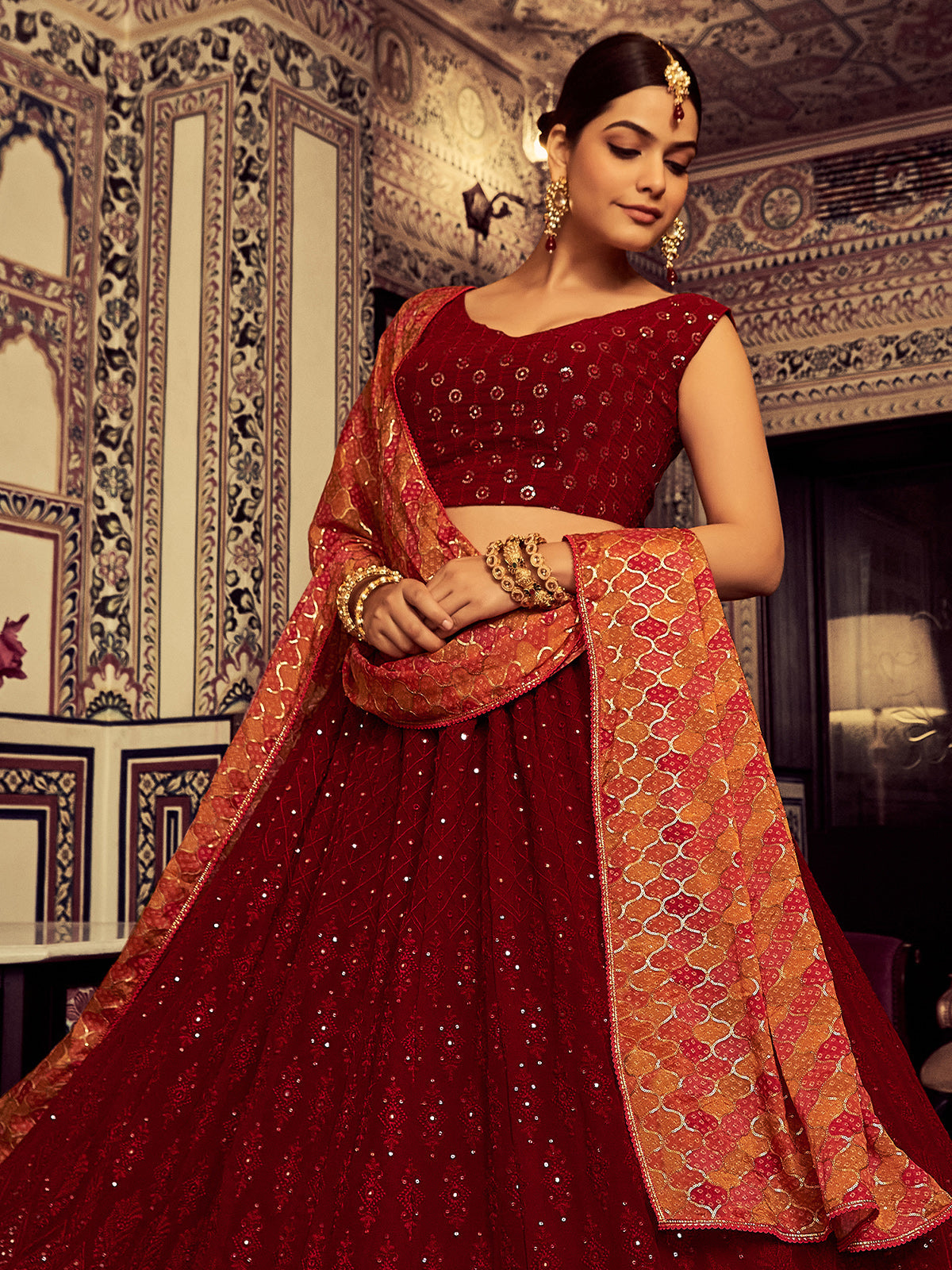 Stylish Maroon Embroidered Georgette Semi Stitched Lehenga With Blouse Piece