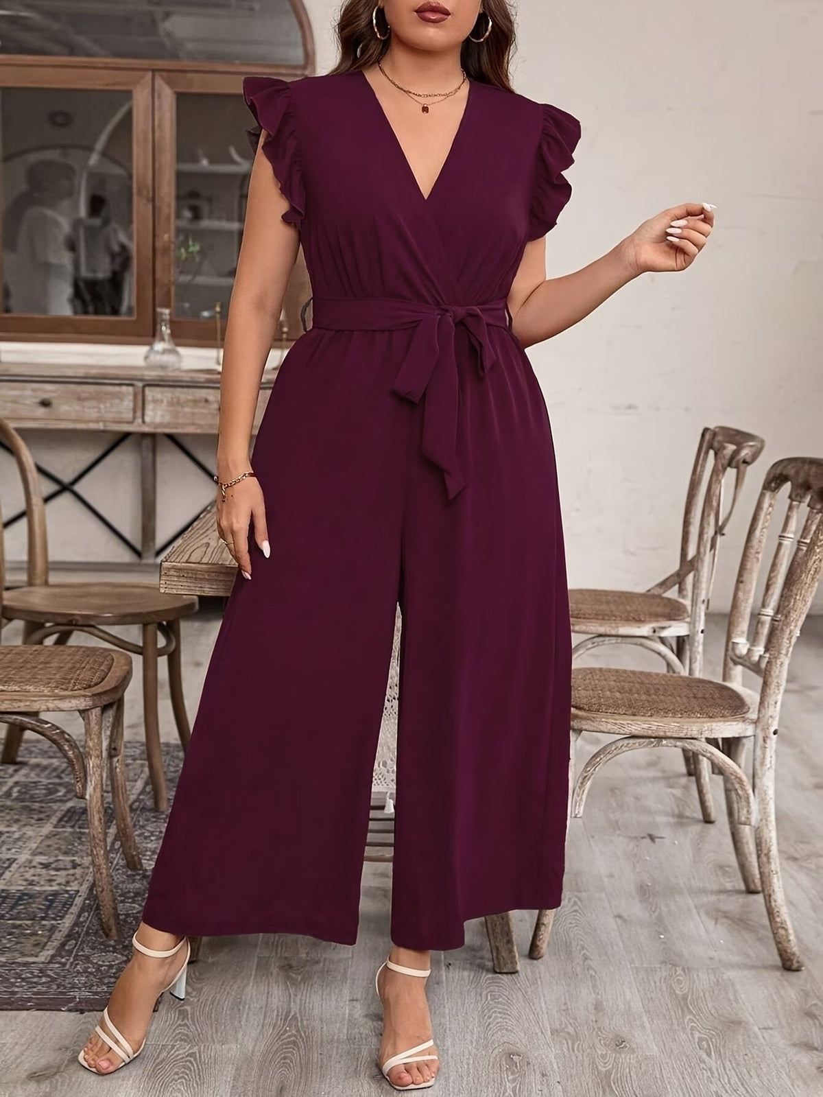 Elegant Ruffle V-Neck Belted Bodysuit – Solid Color Chic Women’s Top