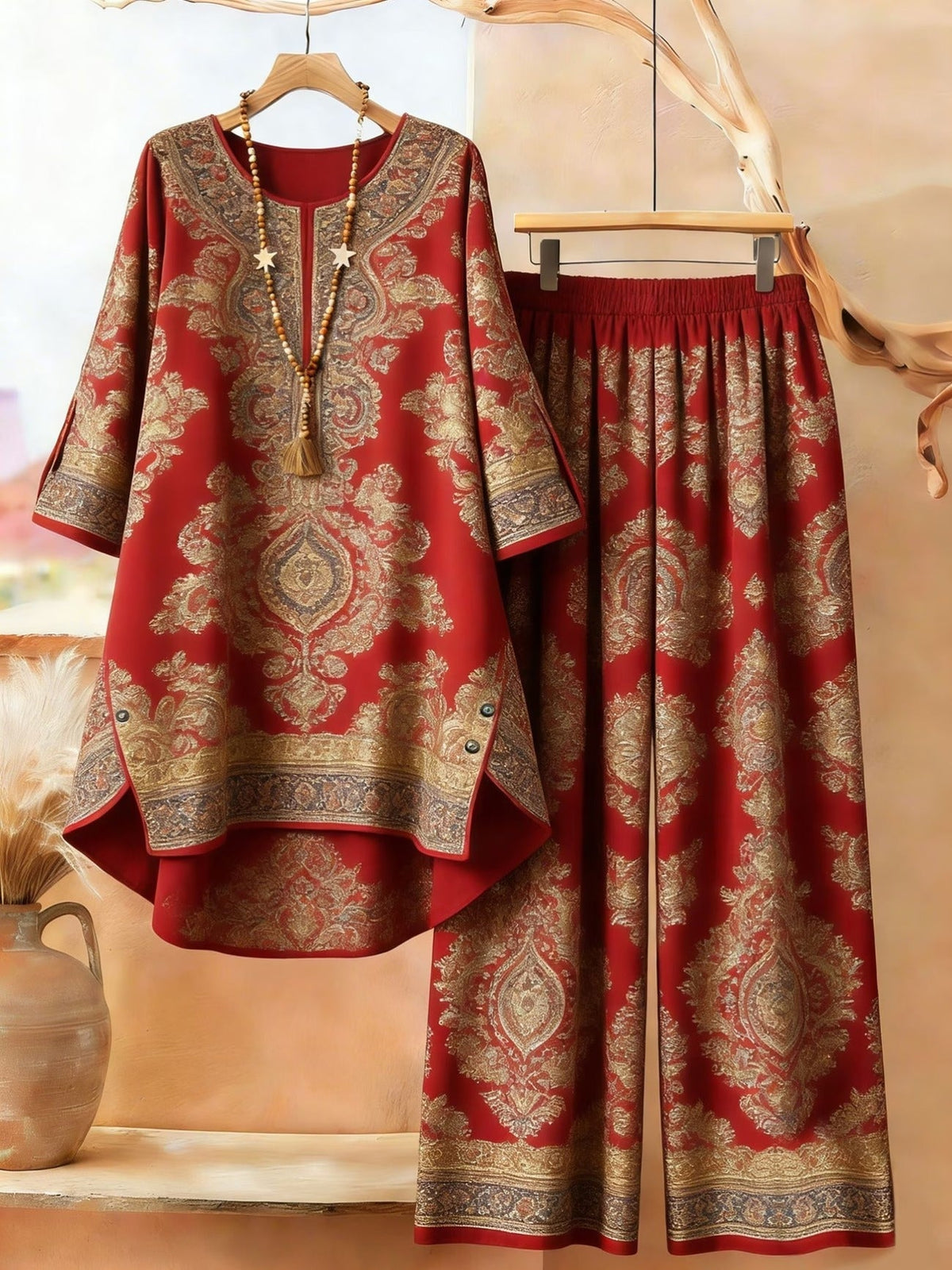 Featuring Persian Floral Print Design, Crew Neck, Dipped Hem, Suitable for Everyday Casual Wear, Comfortable and Stylish