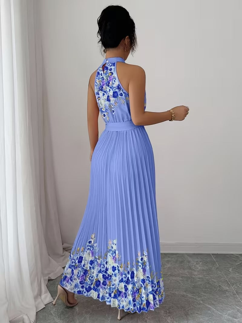 Elegant Floral Halter Neck Pleated Dress – Stylish & Comfortable Summer Outfit for Women