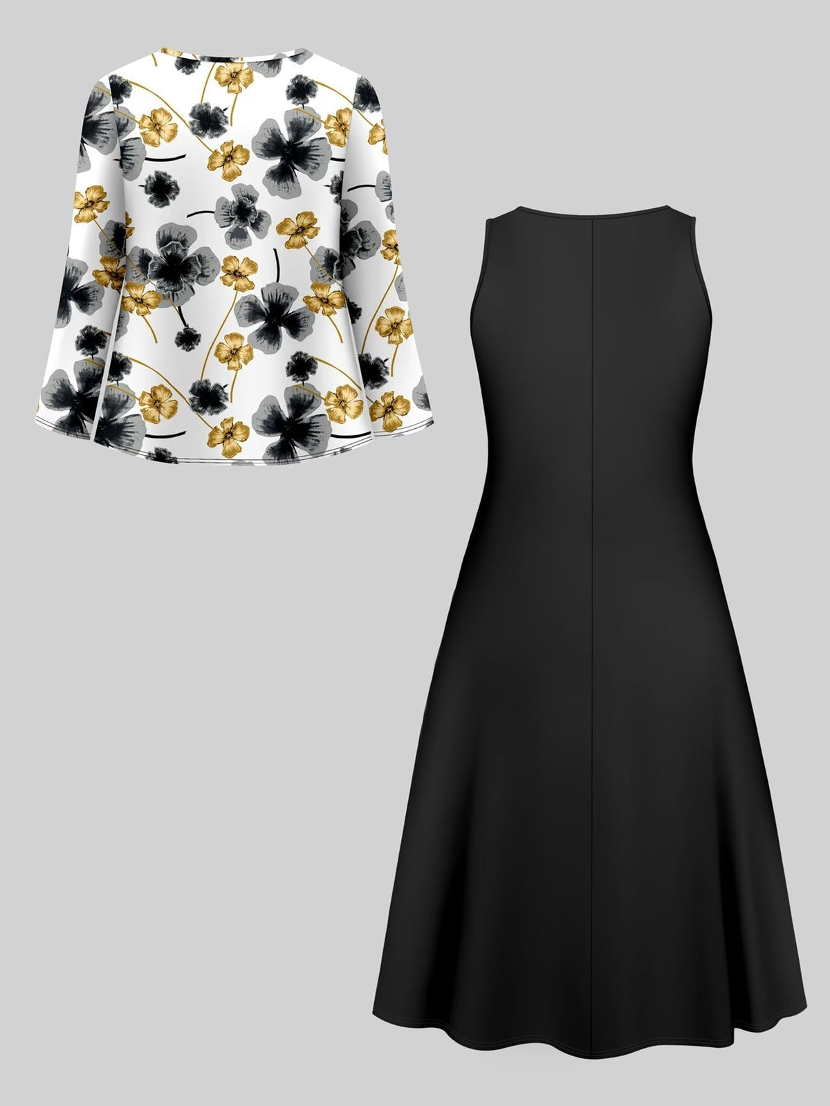 Elegant Solid Color Cardigan with Printed Flared Skirt – Stylish Two-Piece Women’s Fashion Set