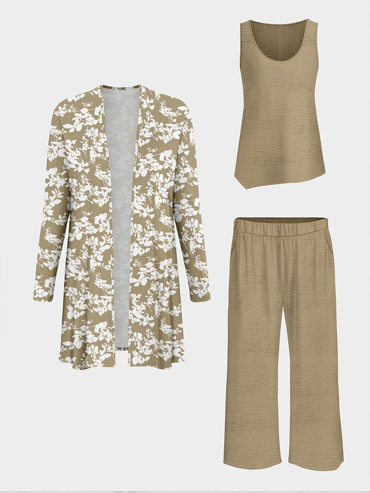 Elegant Printed Cape Coat with Solid Inner Top & Casual Trousers – Stylish 3-Piece Women’s Suit