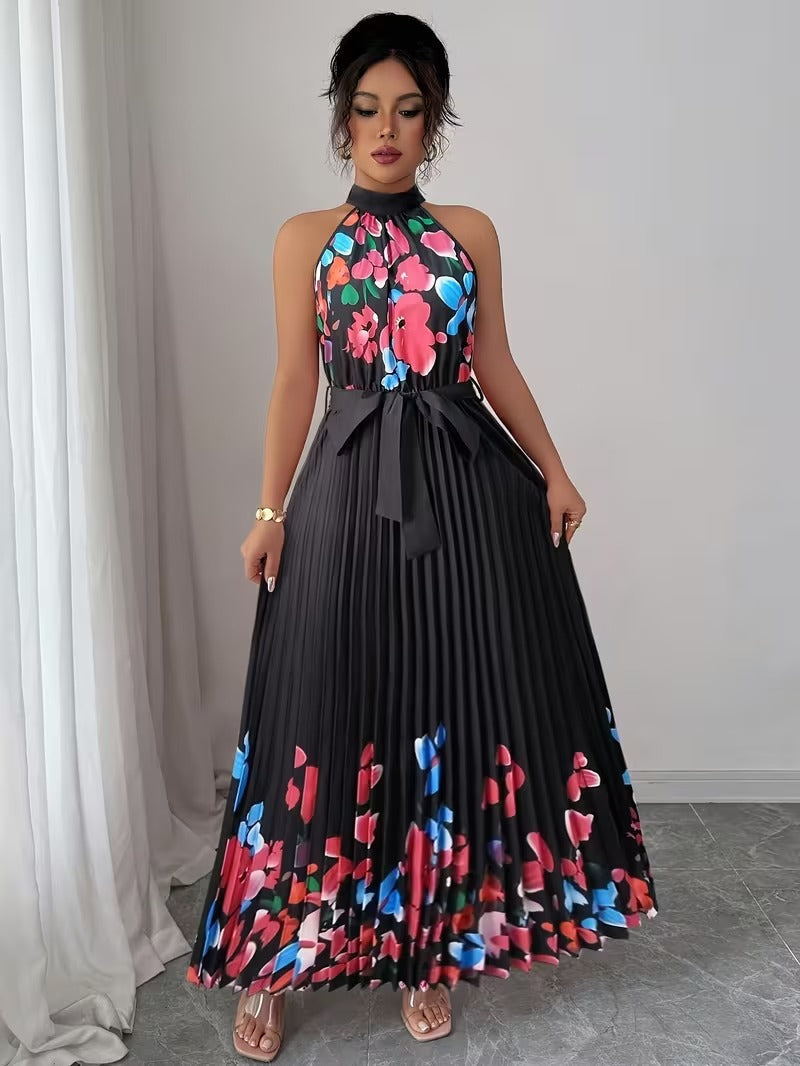 Elegant Floral Halter Neck Pleated Dress – Stylish & Comfortable Summer Outfit for Women