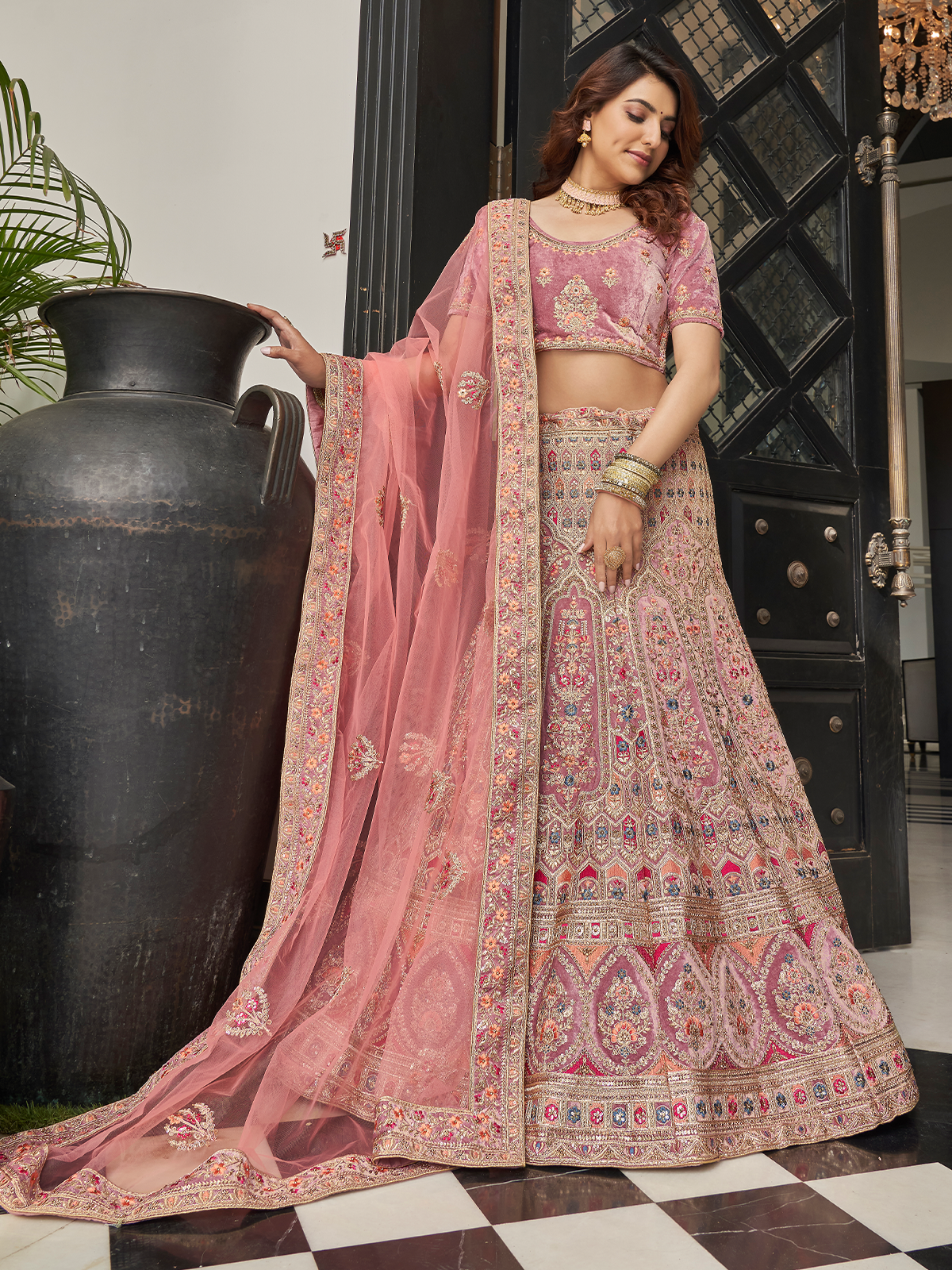 Lilac Velvet Semi Stitched Lehenga With Unstitched Blouse