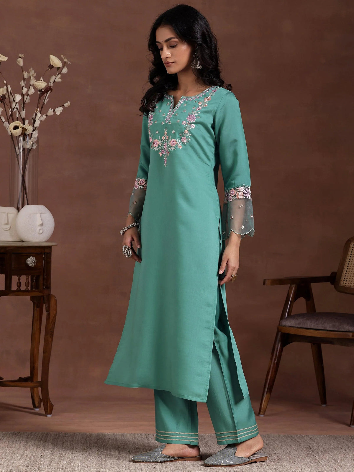 Anouk Green Yoke Design Silk Blend Straight Suit With Dupatta