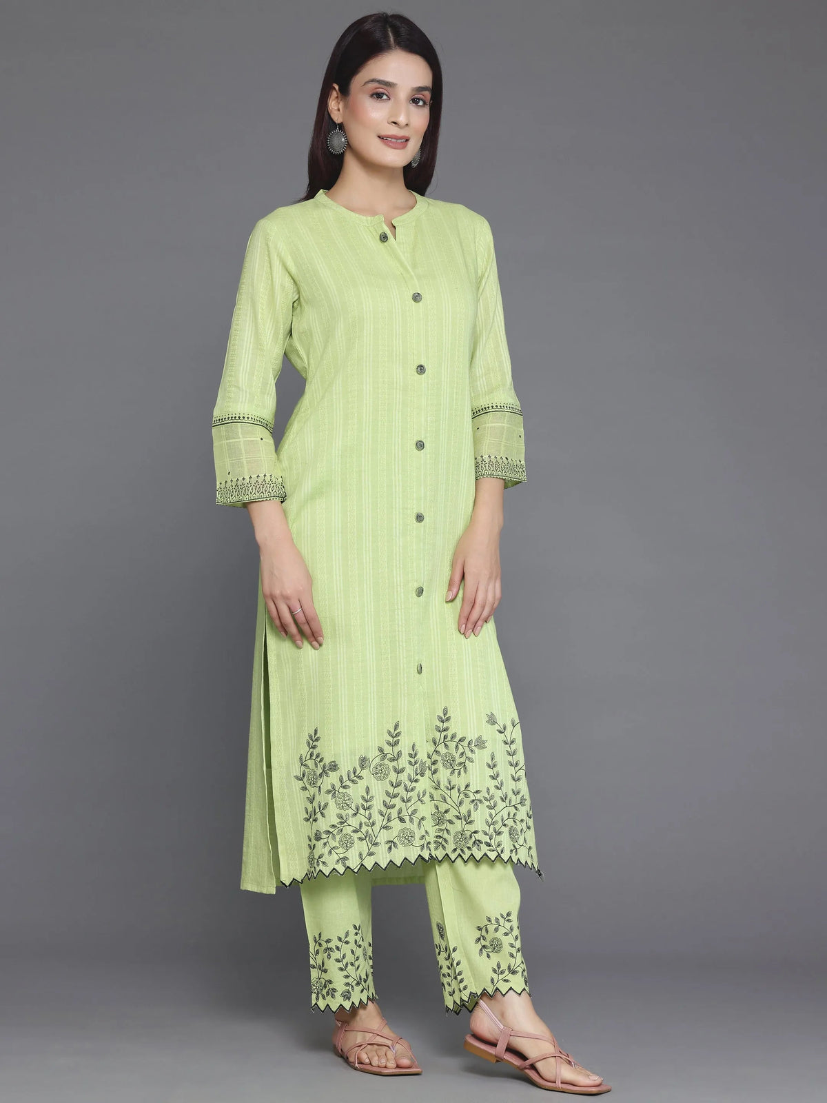 Anouk Green Woven Design Cotton Straight Suit With Dupatta