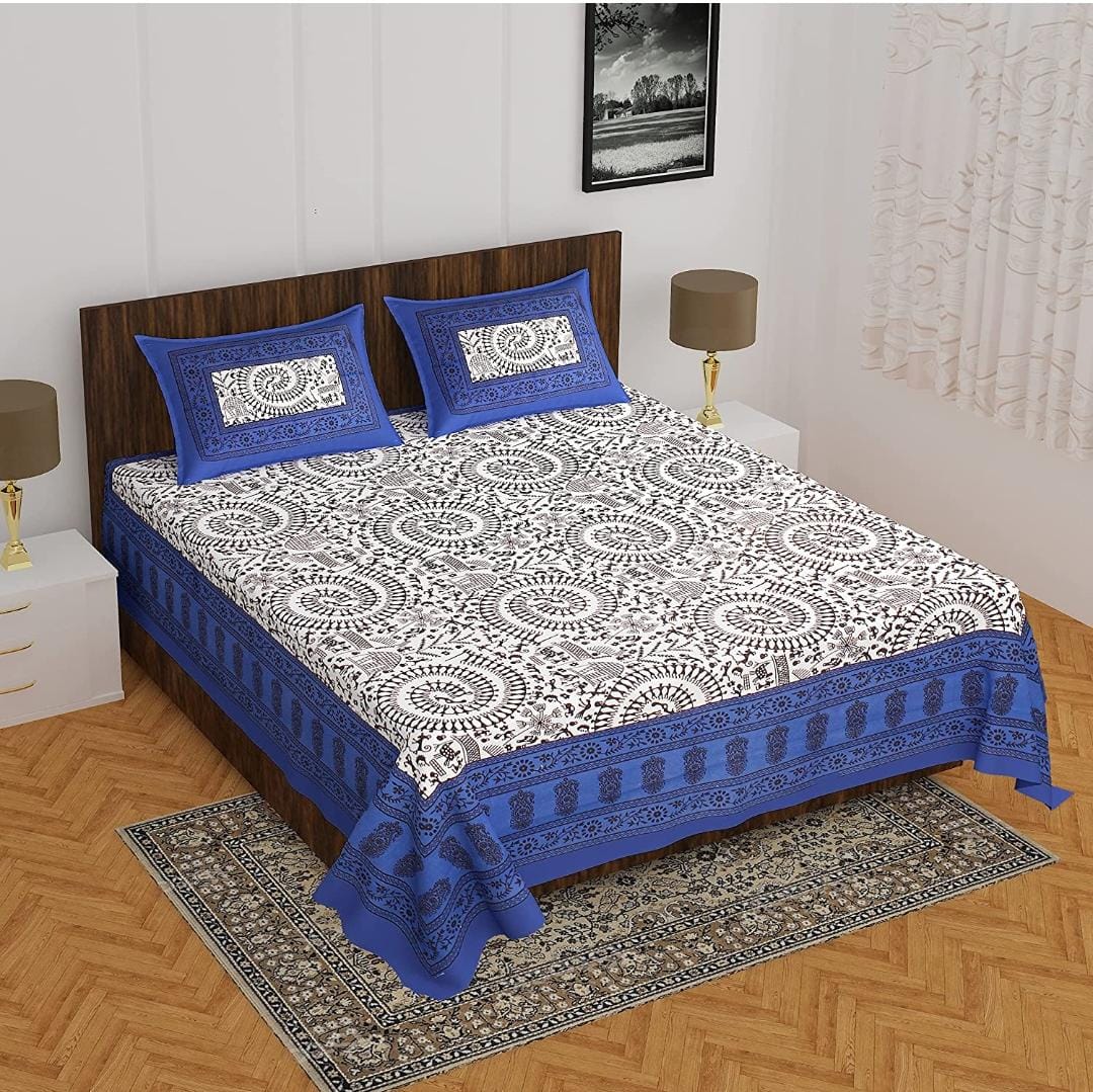 Jaipuri Double Bedsheet Set with Two Pillow Covers - 90x100 Size