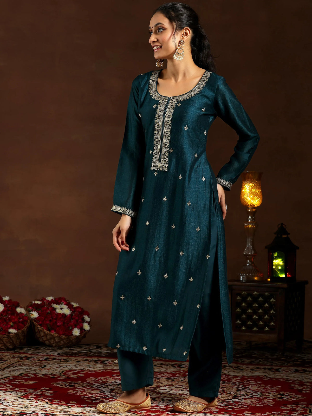 Anouk Teal Embroidered Silk Blend Straight Suit With Dupatta