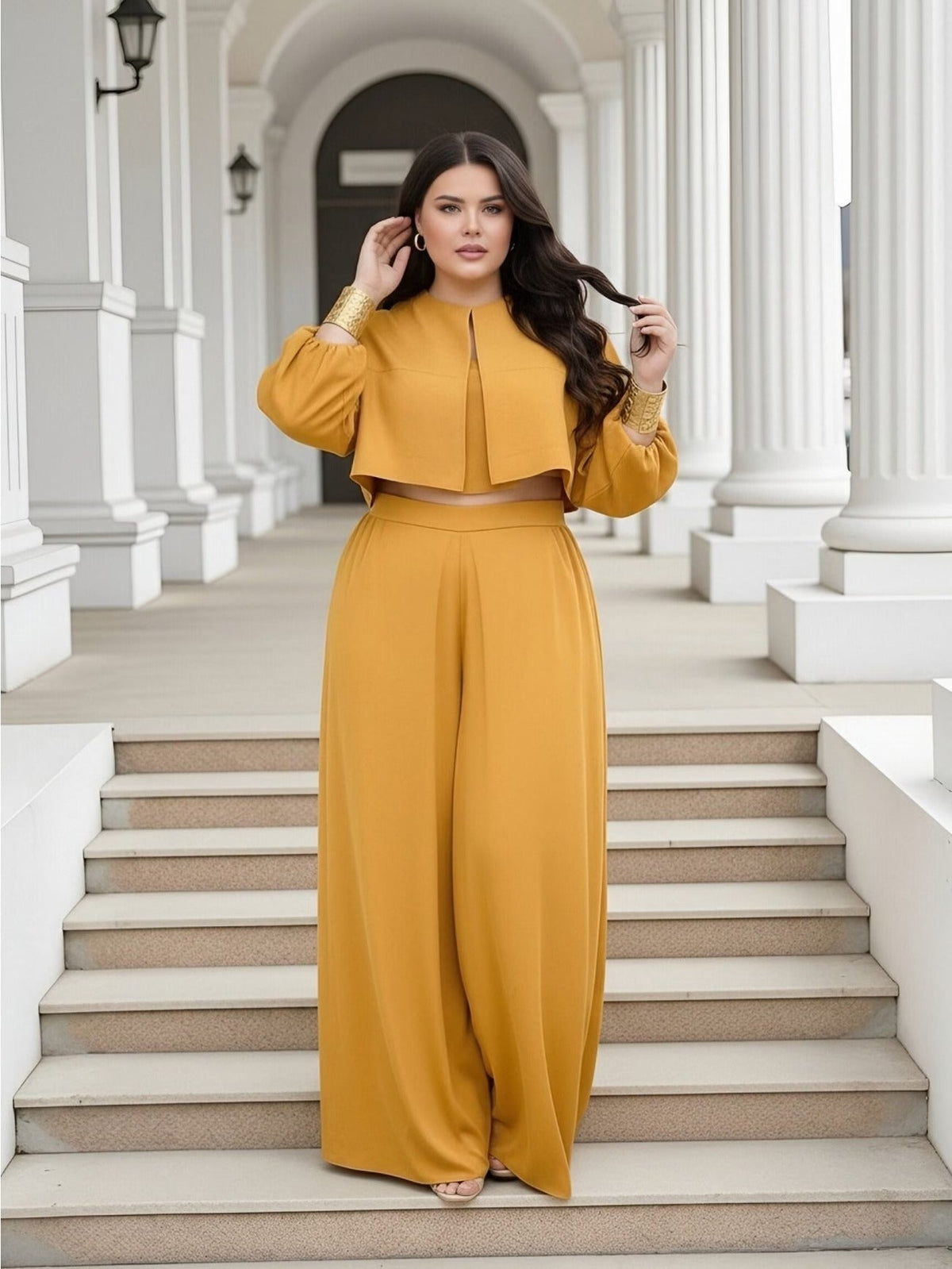 Plus Size Elegant Lantern Sleeve Top & Wide-Leg Pants Set – Chic Two-Piece Suit for Women