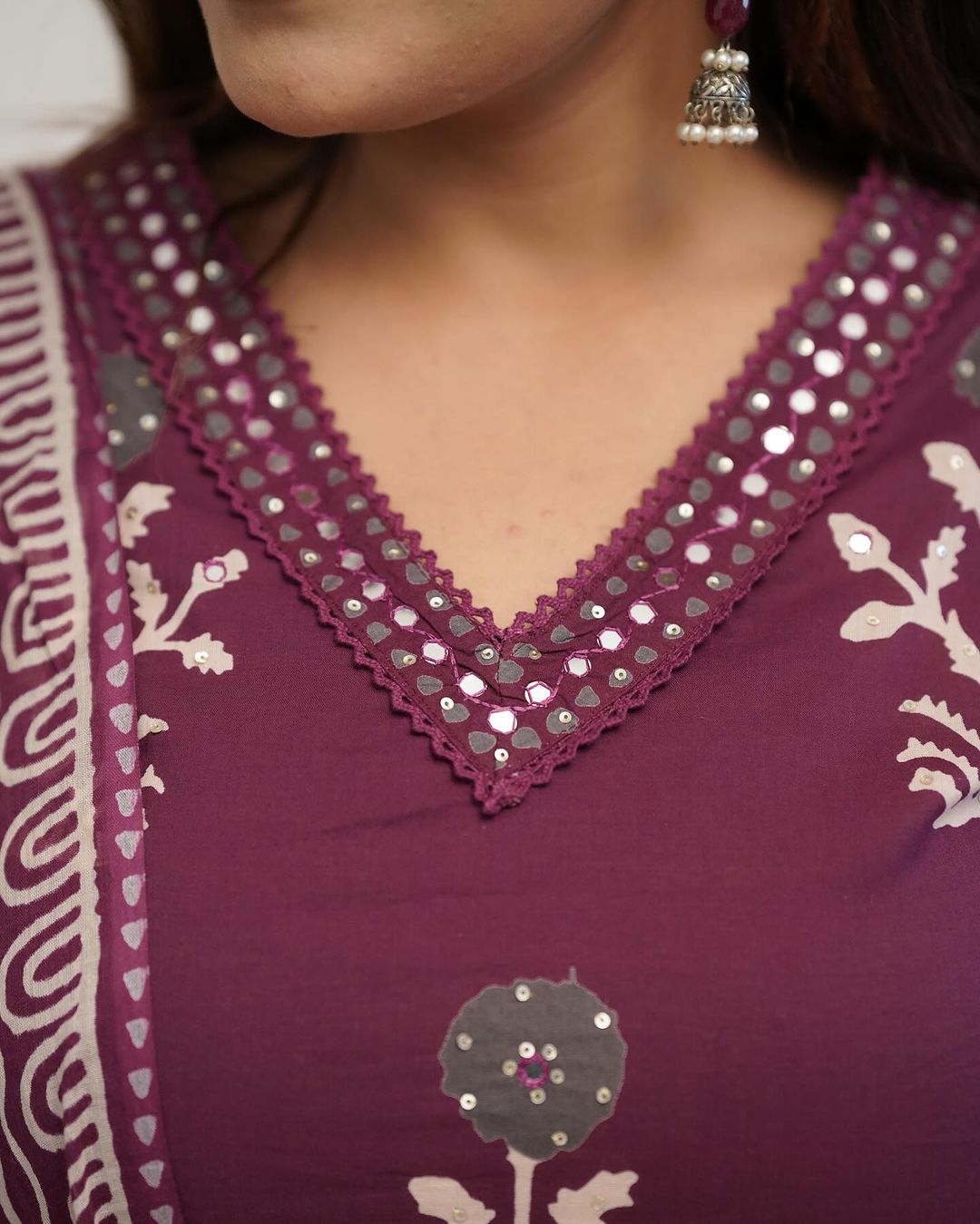 Wine Colored Cotton Kurti Palazzo Set with Lace & Sequence Work