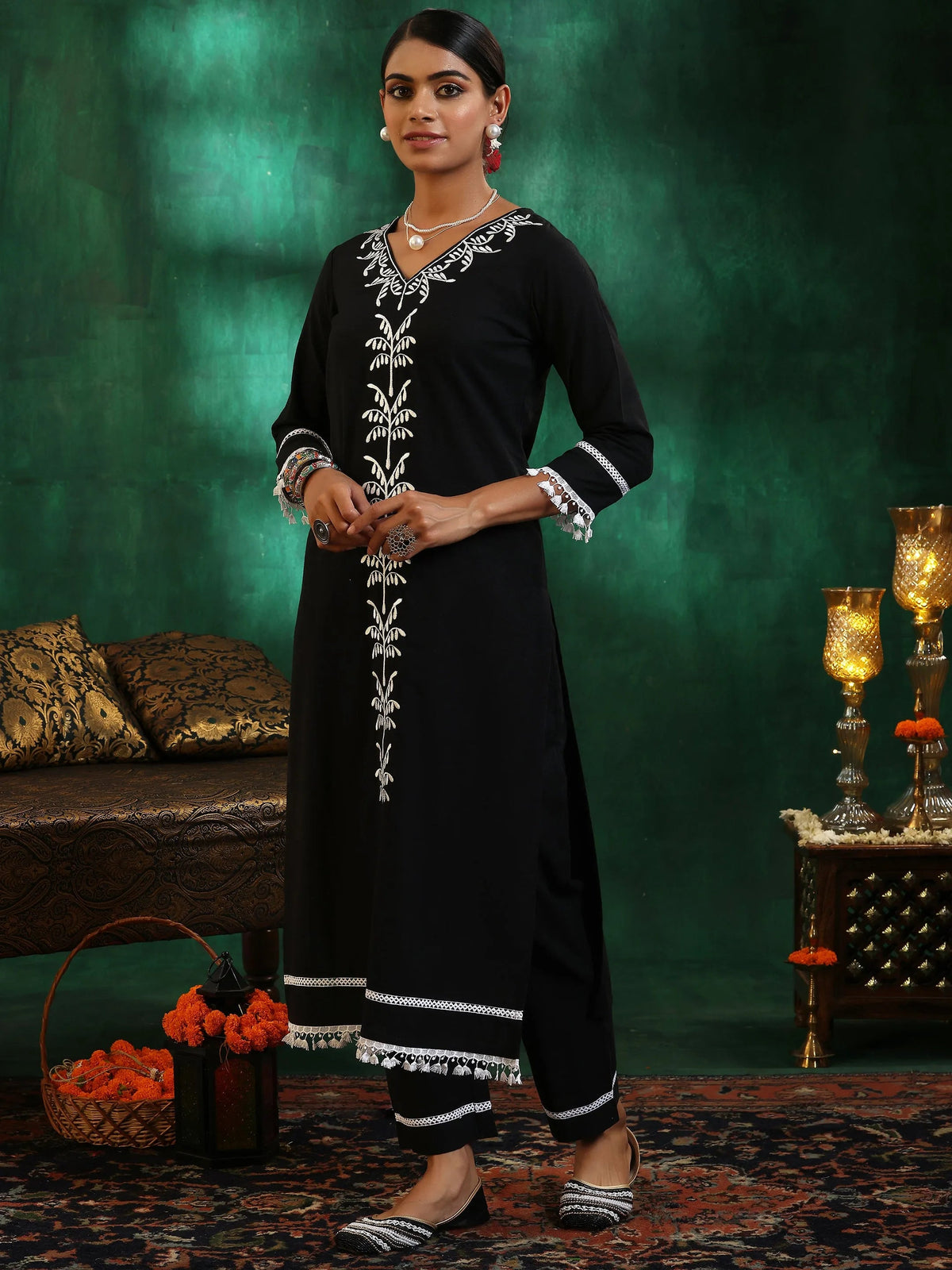 Anouk Black Embroidered Cotton Straight Suit With Dupatta